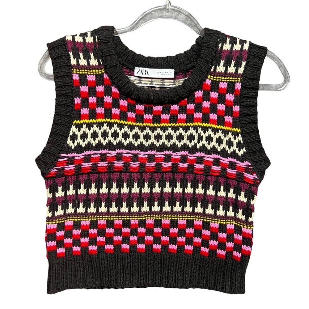 Zara Brown Multi Color Fair Isle Knit Cropped Sweater Vest Sz M Indie Preppy